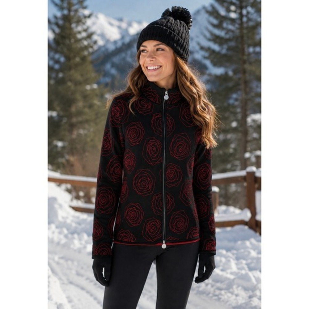 NEVE Designs Wool Floral Cardigan Sweater Mock Neck Black Pink Knit Zipper Small